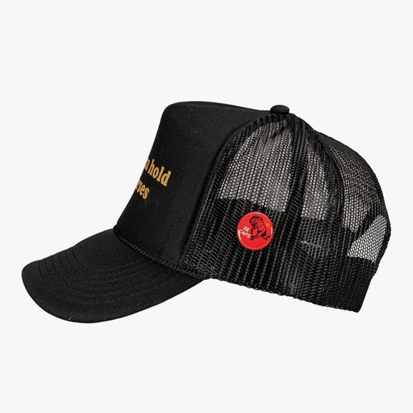 Not Gonna Hold My Horses Black Trucker Hat with Gold Text and Red Hat Pin - Picture 2 of 16